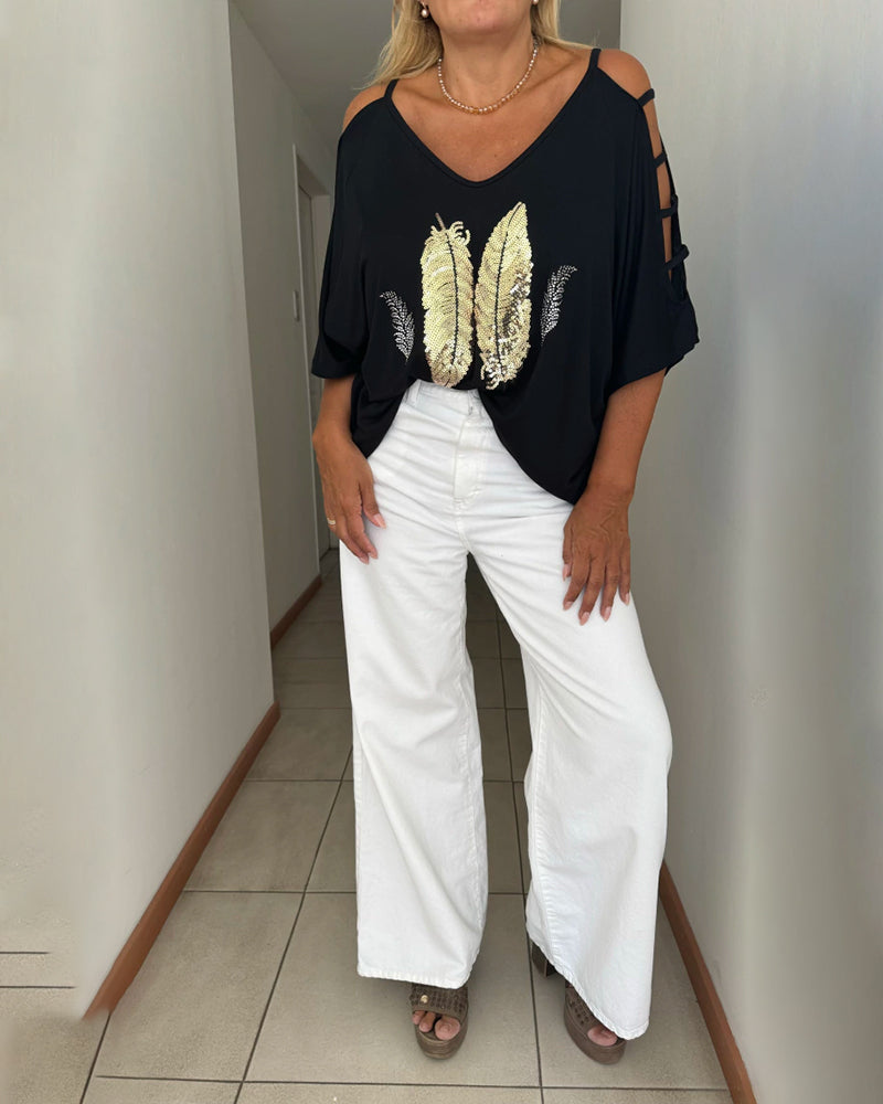 Elena – Lässiges Damen-Top mit Pailletten und Federn