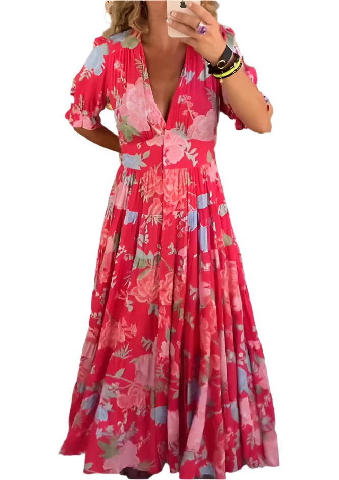 Aurelia – Florales V-Ausschnitt Sommer Maxikleid