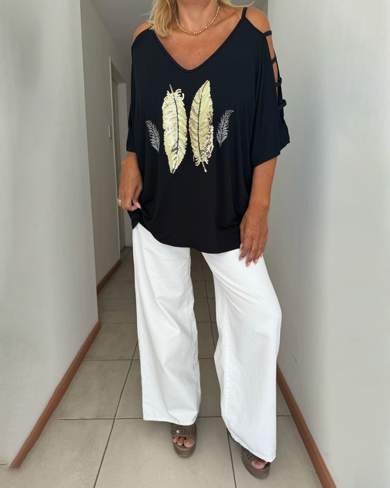 Elena – Lässiges Damen-Top mit Pailletten und Federn
