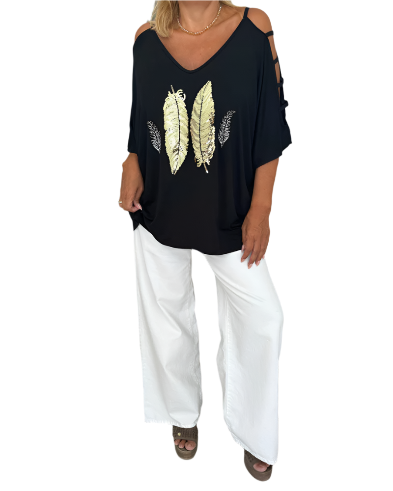 Elena – Lässiges Damen-Top mit Pailletten und Federn