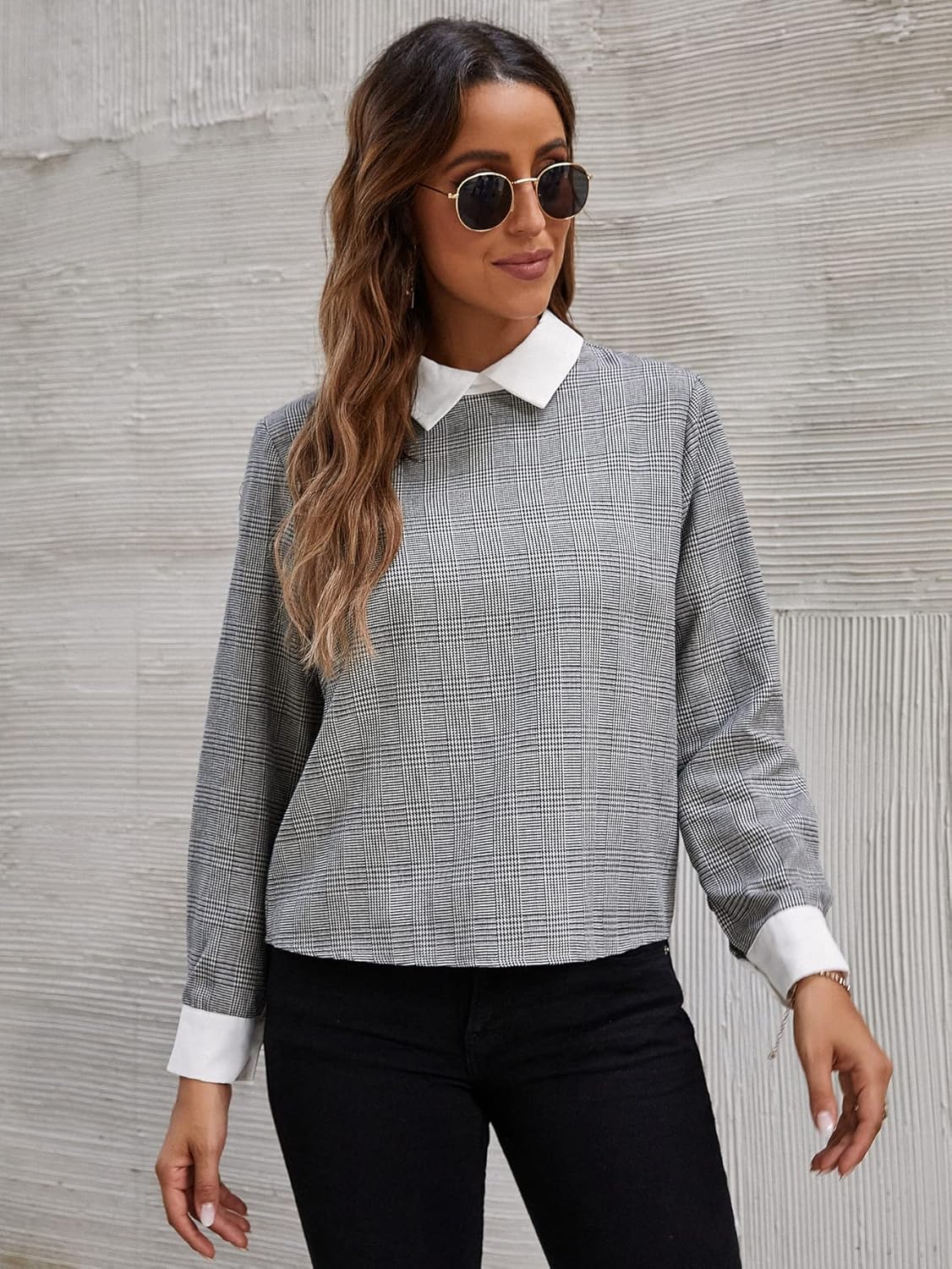 Isabella – Plaid-Kontrastkragen-Bluse für Damen