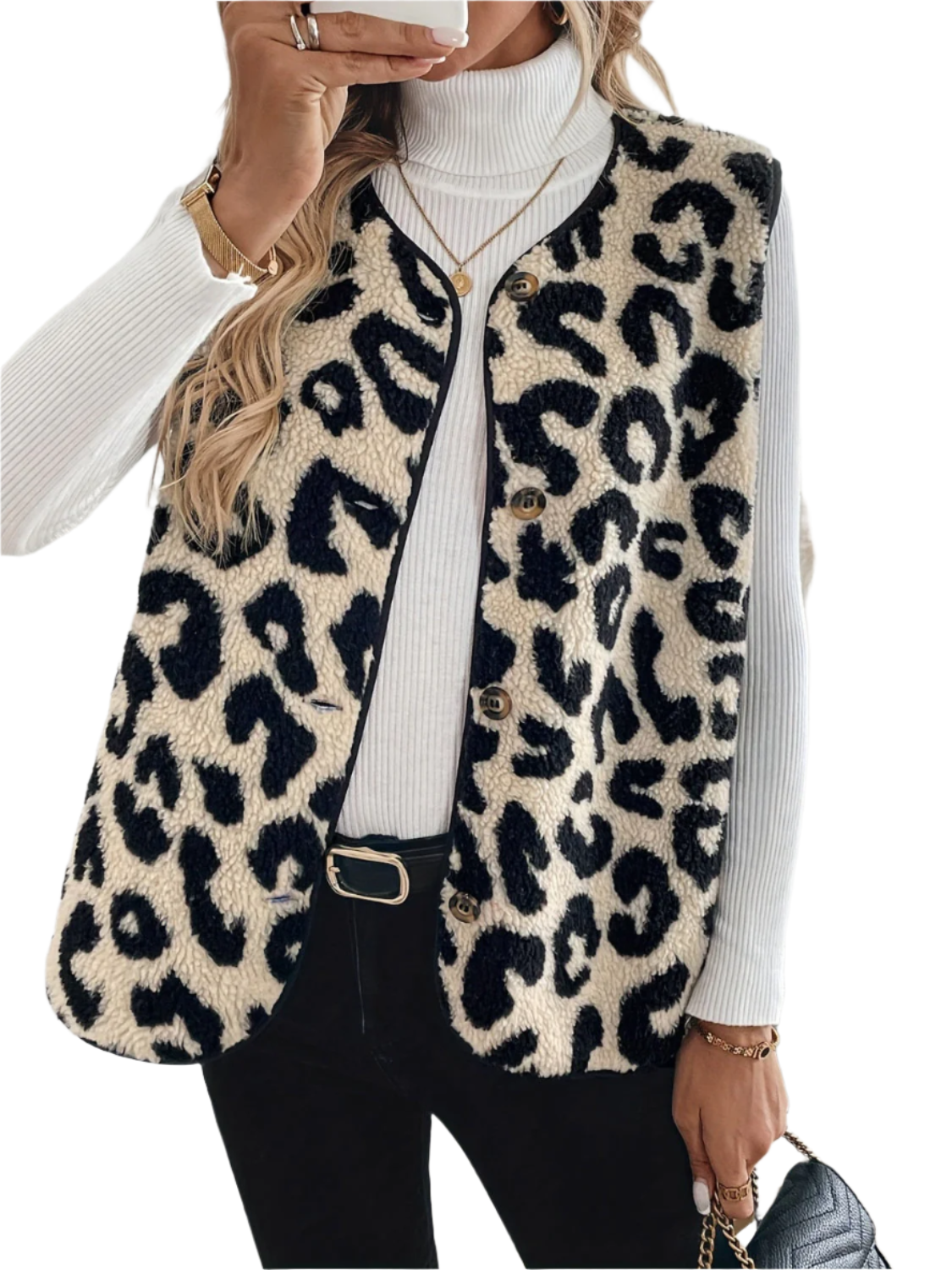 Giulia – Leopard Button-Up Sherpa Weste für Damen