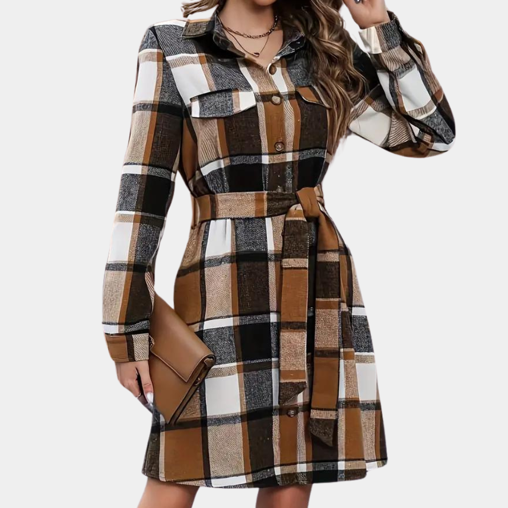 Elena – Damen Plaid-Kleid mit Knopfleiste