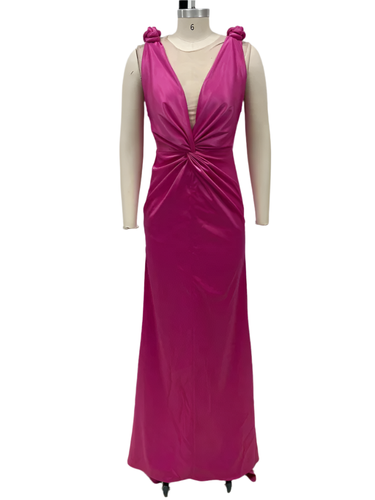 Sofia – Elegantes Pinkes Maxi-Kleid mit Tiefem V-Ausschnitt