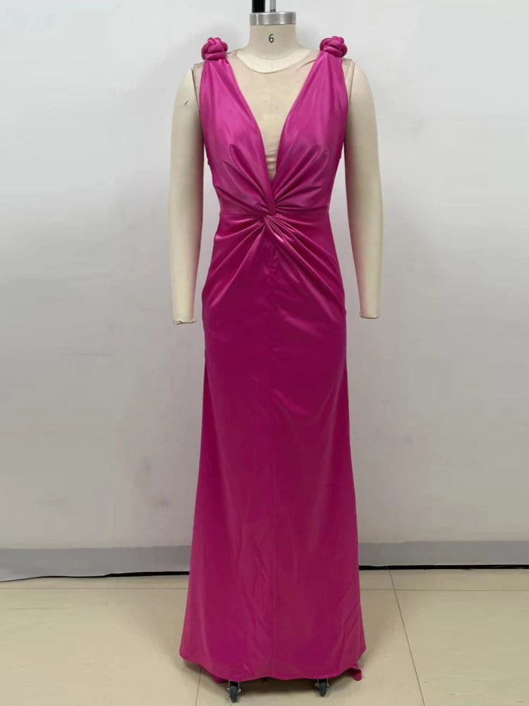 Sofia – Elegantes Pinkes Maxi-Kleid mit Tiefem V-Ausschnitt
