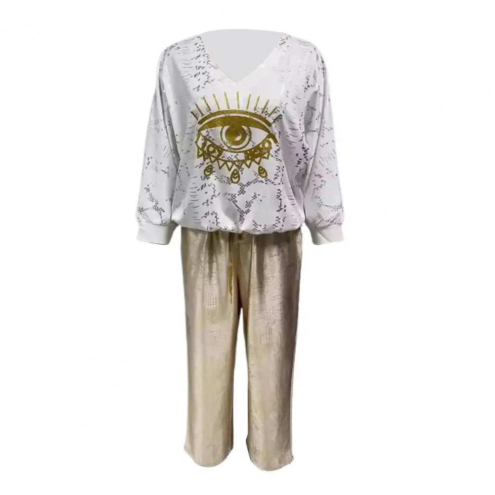 Elena – Weites Hosen-Set für Damen mit Eye-Print und V-Ausschnitt