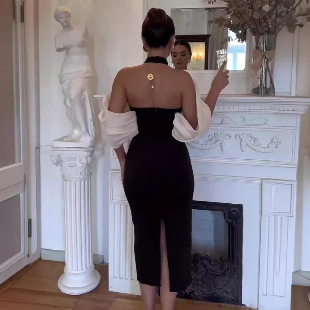 Léonie – Schulterfreies Midikleid für Damen mit Farbblock-Design