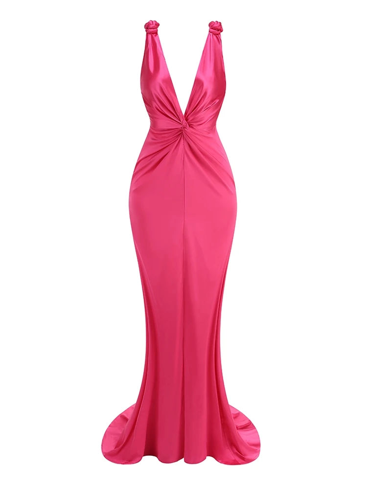 Sofia – Elegantes Pinkes Maxi-Kleid mit Tiefem V-Ausschnitt