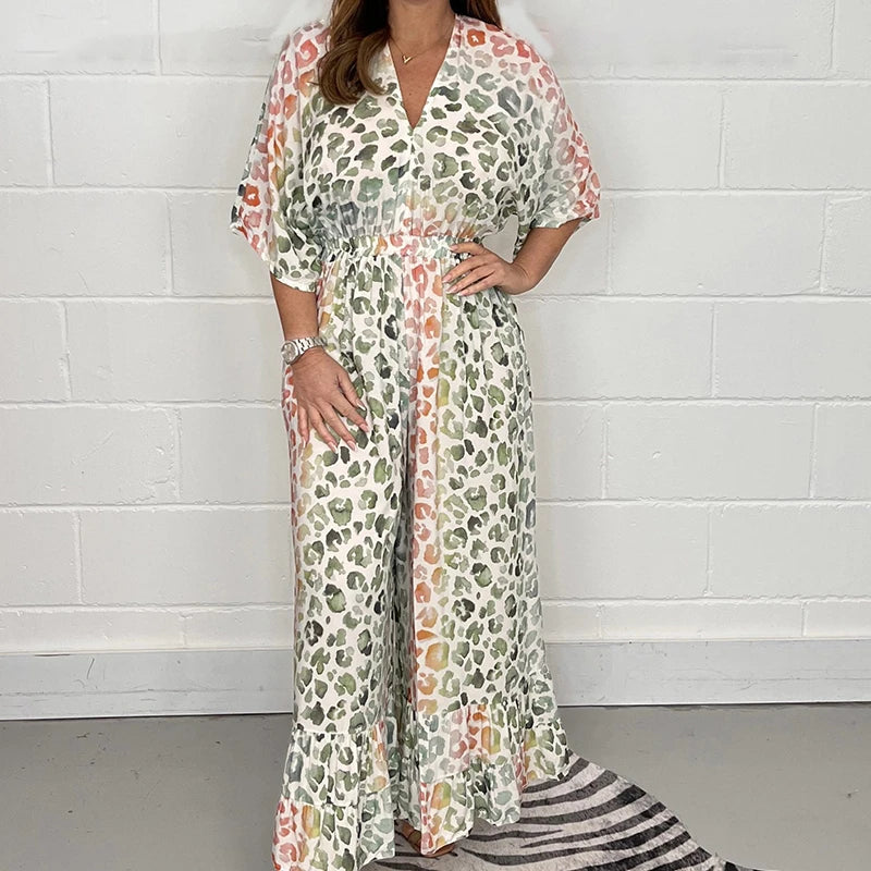 Lucia – Bedruckter V-Ausschnitt Damen-Jumpsuit mit weitem Bein