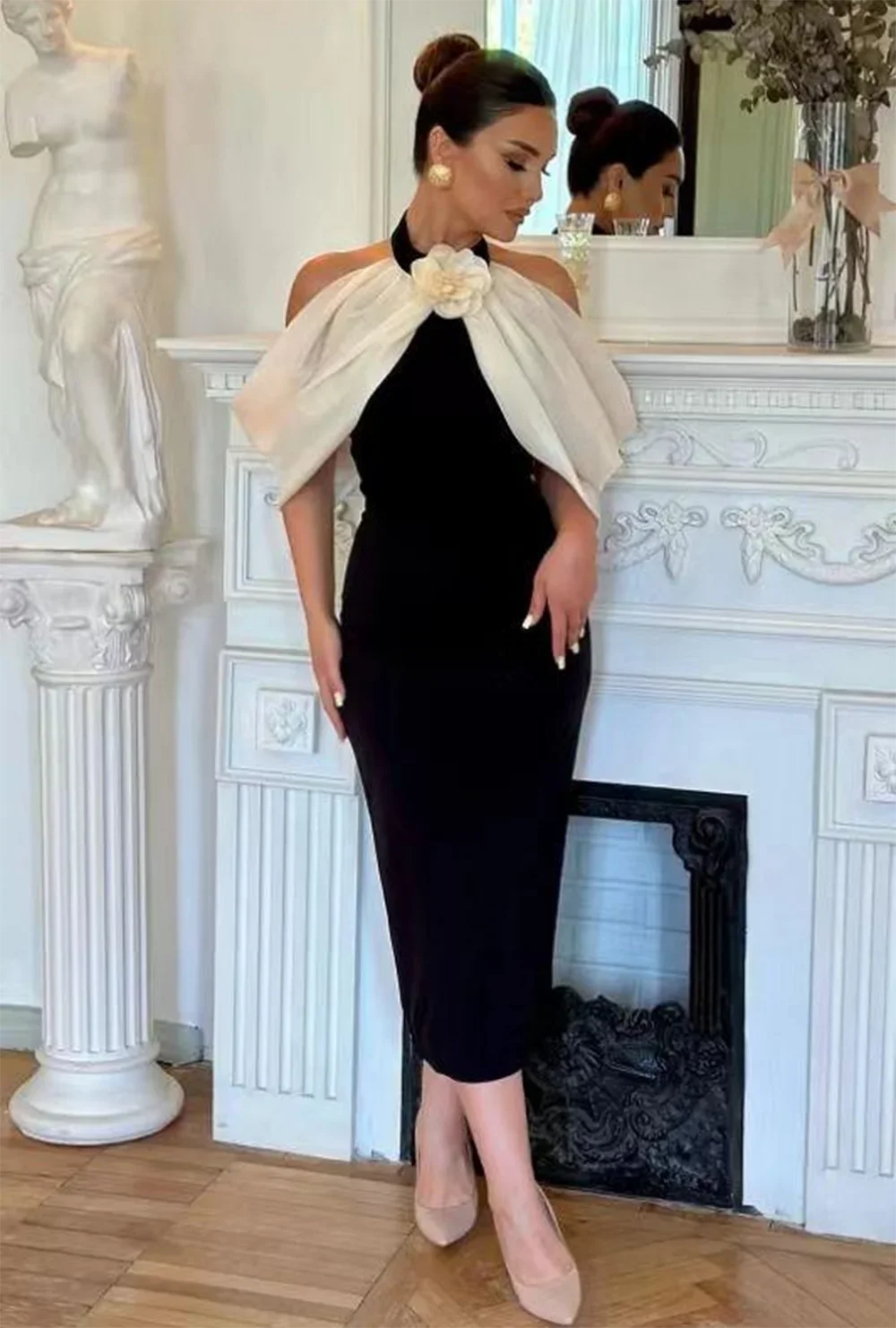 Léonie – Schulterfreies Midikleid für Damen mit Farbblock-Design