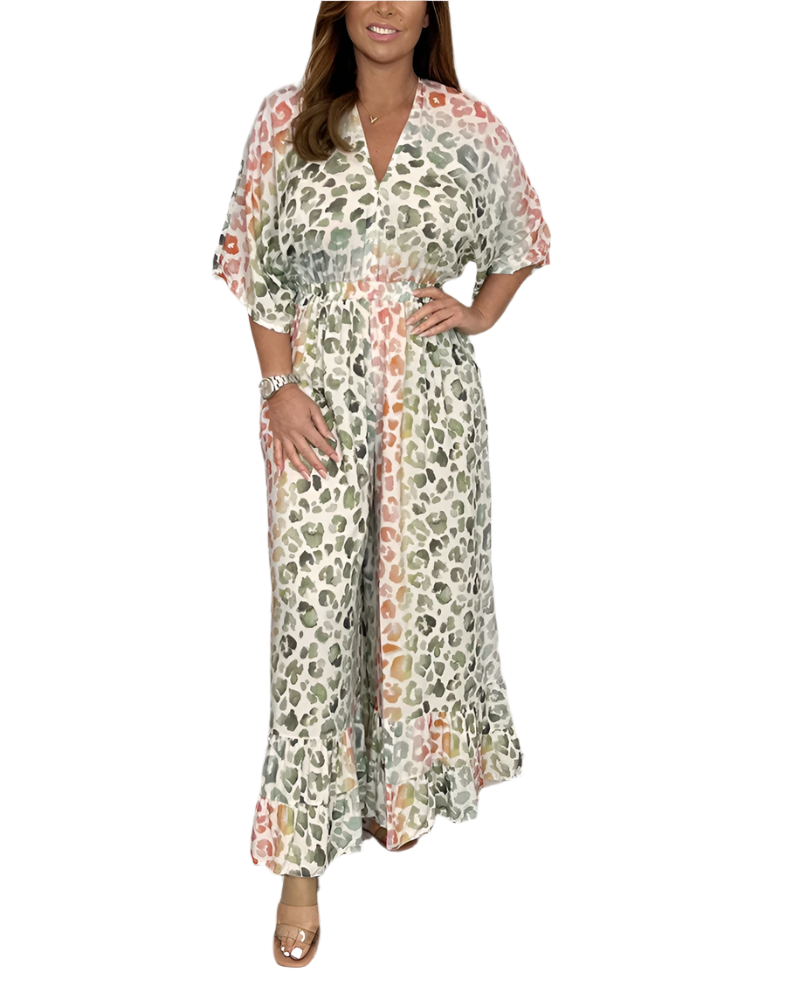Lucia – Bedruckter V-Ausschnitt Damen-Jumpsuit mit weitem Bein
