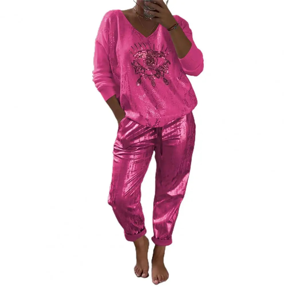 Elena – Weites Hosen-Set für Damen mit Eye-Print und V-Ausschnitt