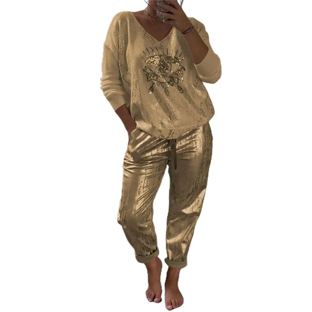 Elena – Weites Hosen-Set für Damen mit Eye-Print und V-Ausschnitt