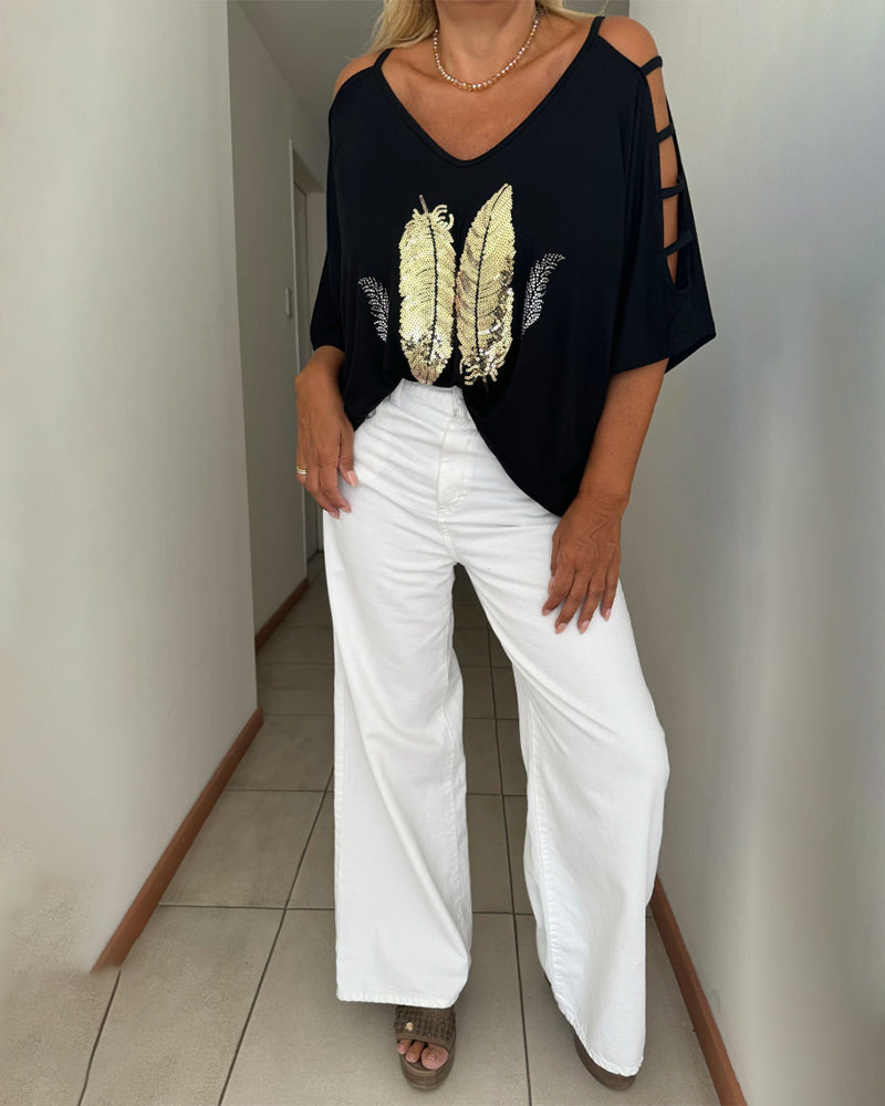 Elena – Lässiges Damen-Top mit Pailletten und Federn