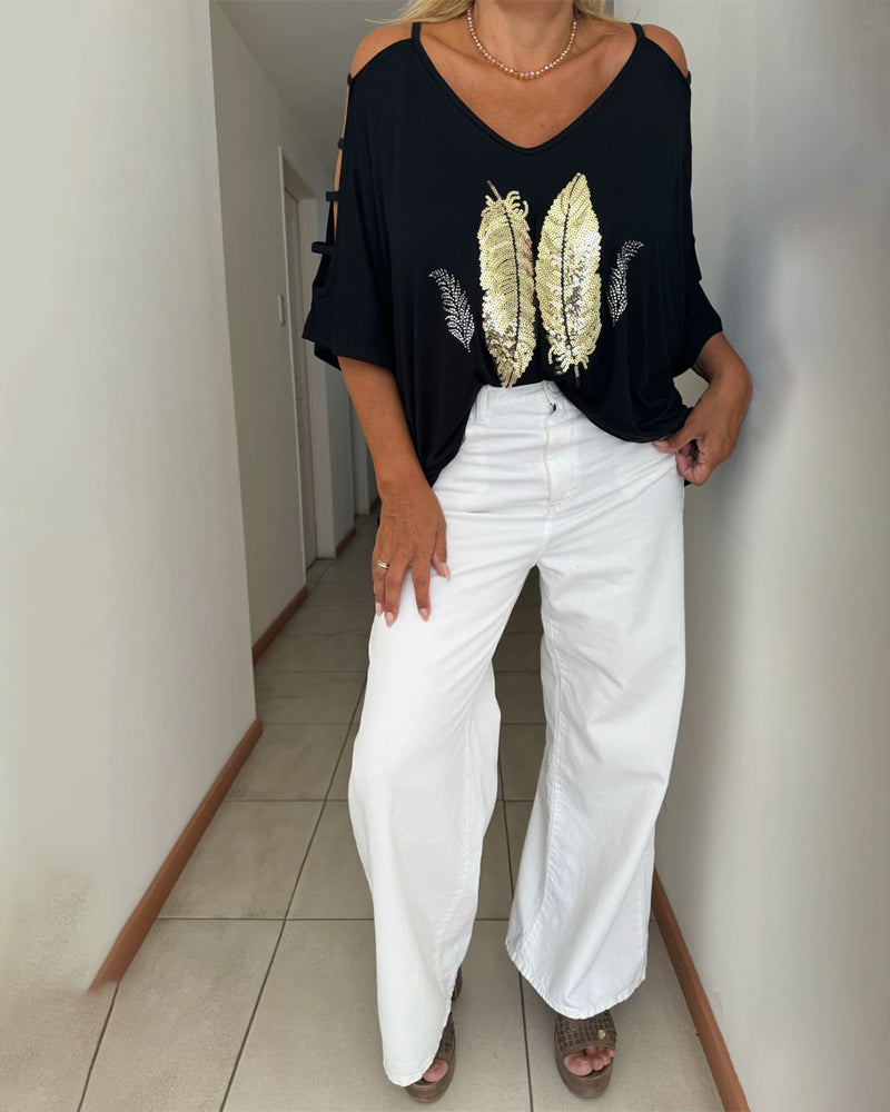 Elena – Lässiges Damen-Top mit Pailletten und Federn