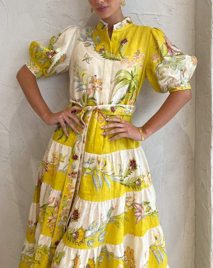 Giovanna – Elegantes Leinenkleid für Frauen mit Blatt- und Libellenmotiven