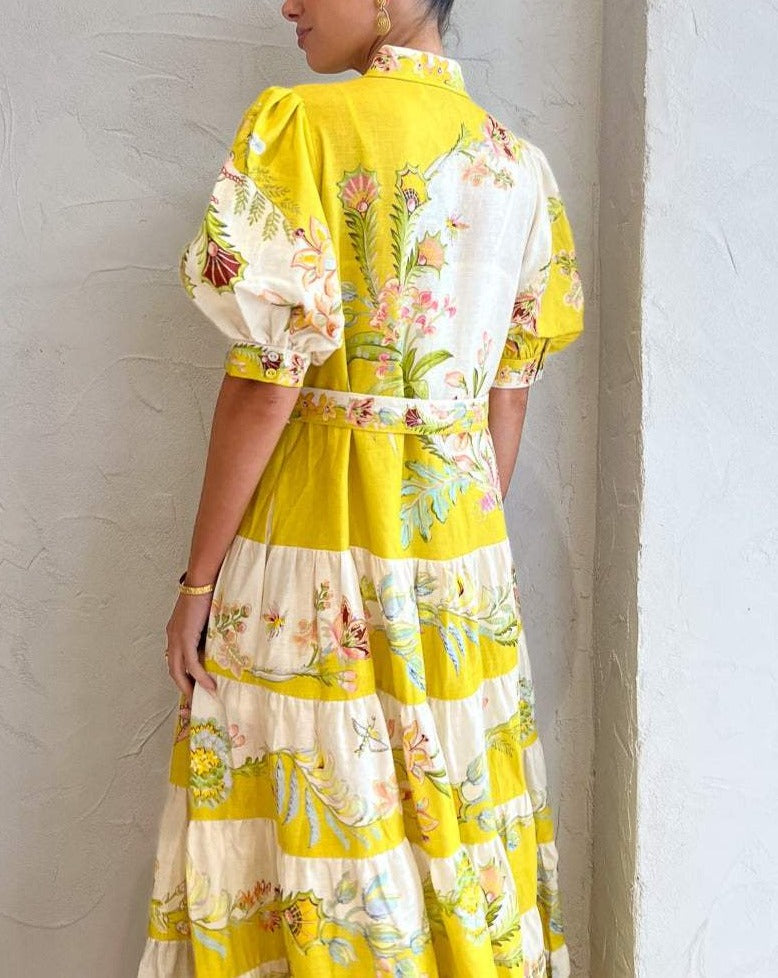 Giovanna – Elegantes Leinenkleid für Frauen mit Blatt- und Libellenmotiven