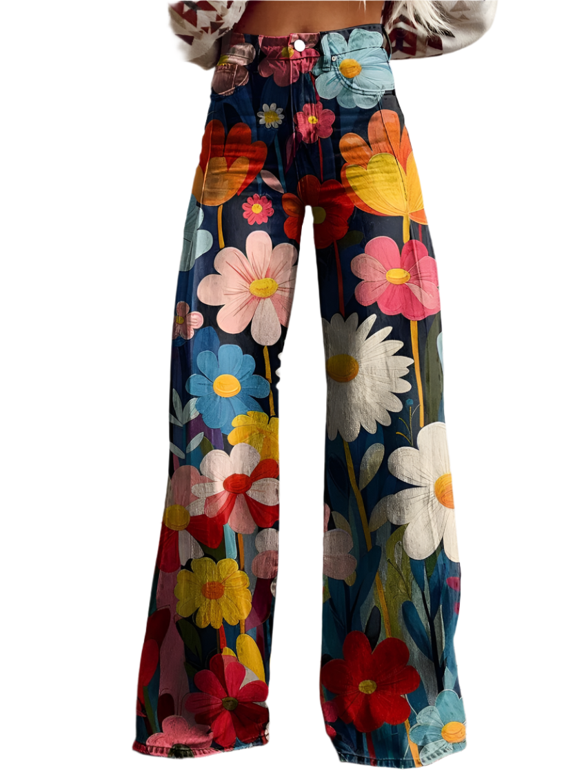 Livia – Damen Retro Blumenmuster Weitbein-Jeans