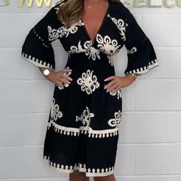 Amélie – Clara Damen Retro Print Midi-Jurk mit Trompetenärmeln