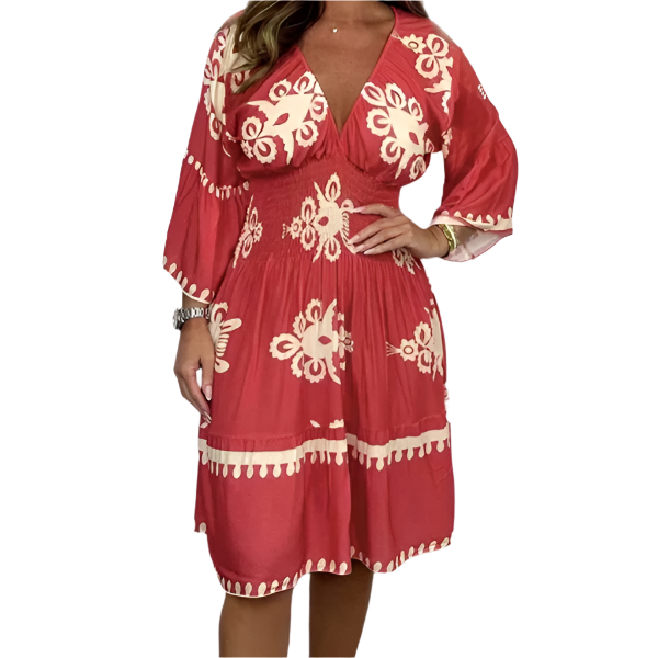 Amélie – Clara Damen Retro Print Midi-Jurk mit Trompetenärmeln