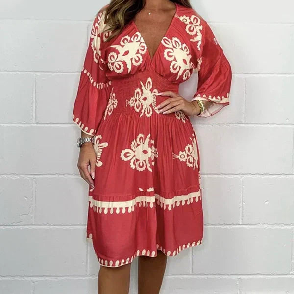 Amélie – Clara Damen Retro Print Midi-Jurk mit Trompetenärmeln