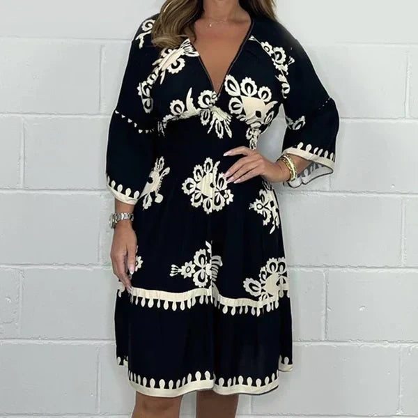 Amélie – Clara Damen Retro Print Midi-Jurk mit Trompetenärmeln