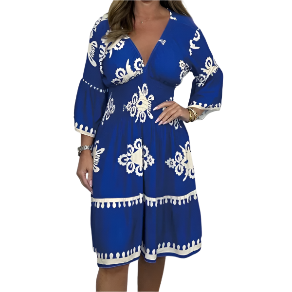 Amélie – Clara Damen Retro Print Midi-Jurk mit Trompetenärmeln