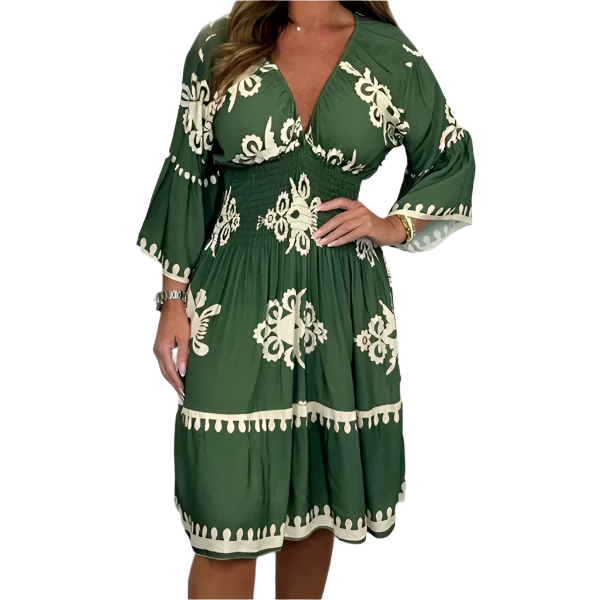 Amélie – Clara Damen Retro Print Midi-Jurk mit Trompetenärmeln