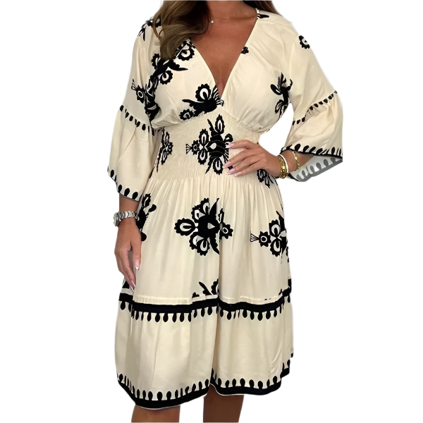 Amélie – Clara Damen Retro Print Midi-Jurk mit Trompetenärmeln