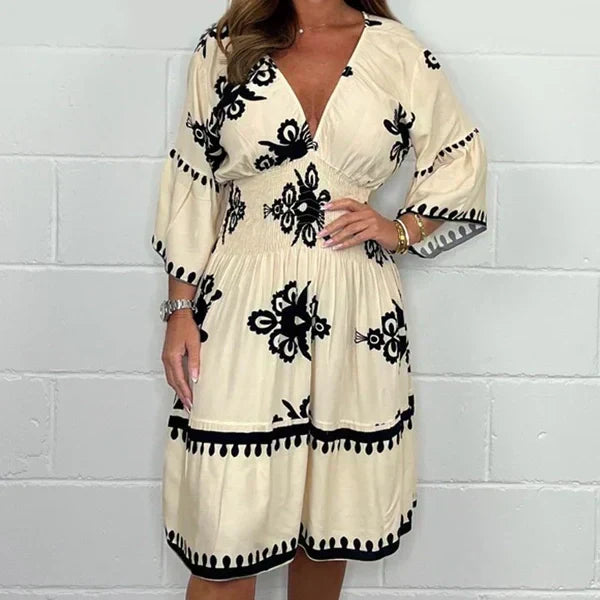 Amélie – Clara Damen Retro Print Midi-Jurk mit Trompetenärmeln