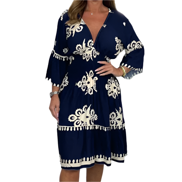 Amélie – Clara Damen Retro Print Midi-Jurk mit Trompetenärmeln