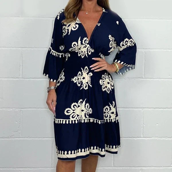 Amélie – Clara Damen Retro Print Midi-Jurk mit Trompetenärmeln