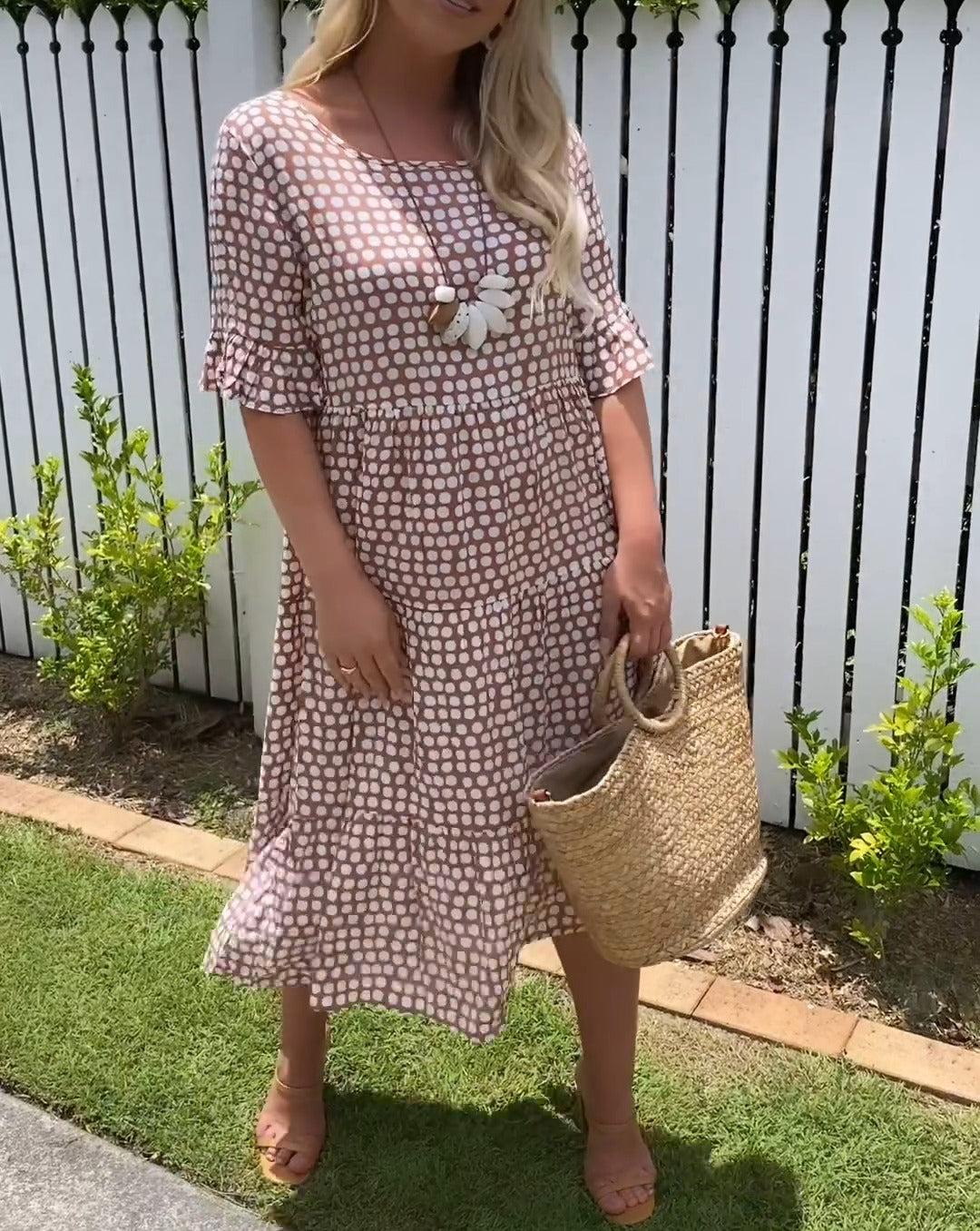 Lucia – Zeitloses Khaki Kurzarm Midi-Kleid für Frauen