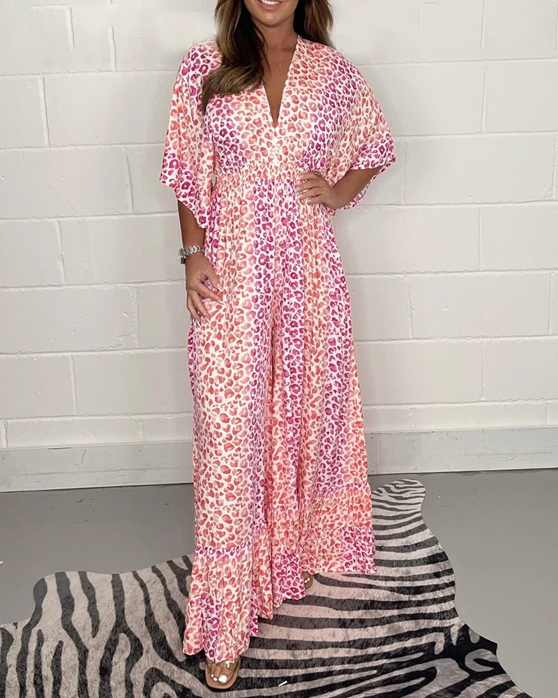 Lucia – Bedruckter V-Ausschnitt Damen-Jumpsuit mit weitem Bein