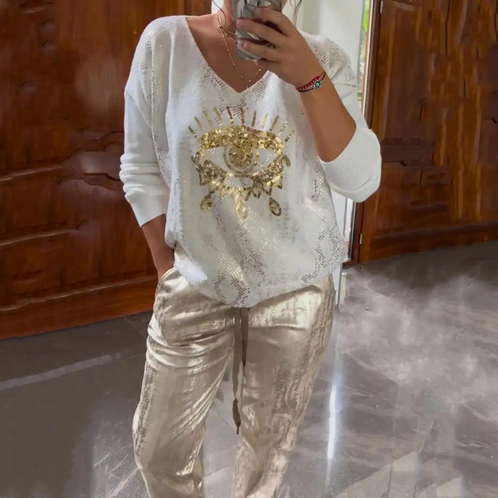 Elena – Weites Hosen-Set für Damen mit Eye-Print und V-Ausschnitt