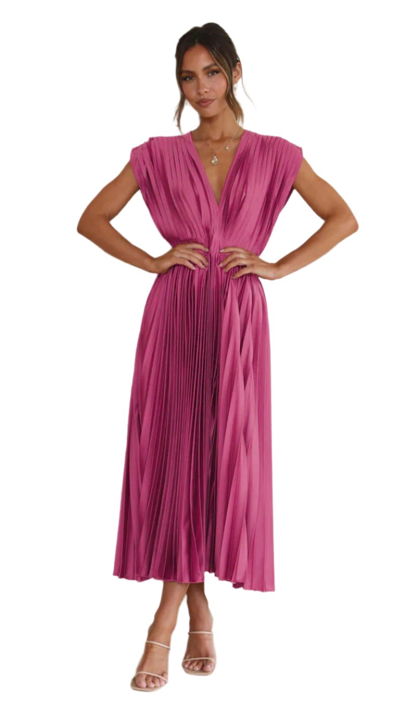 Emma – V-Ausschnitt Damen Plissee-Maxikleid