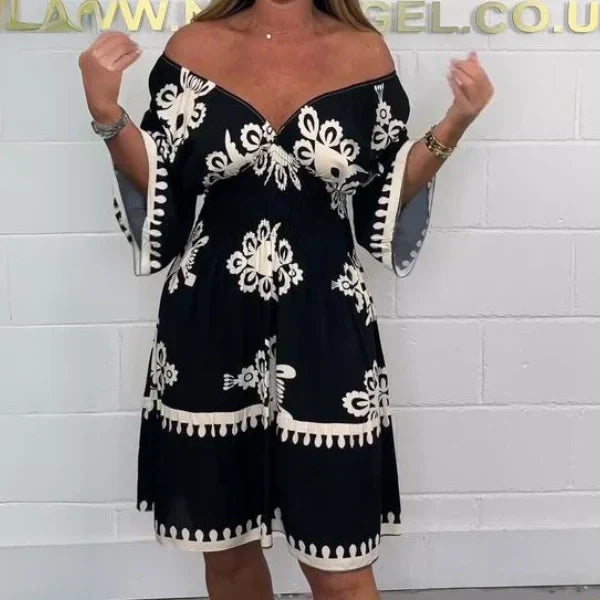 Amélie – Clara Damen Retro Print Midi-Jurk mit Trompetenärmeln