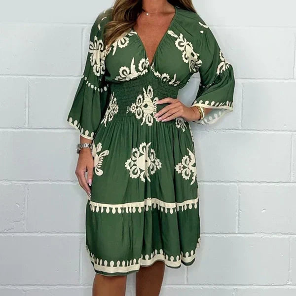 Amélie – Clara Damen Retro Print Midi-Jurk mit Trompetenärmeln